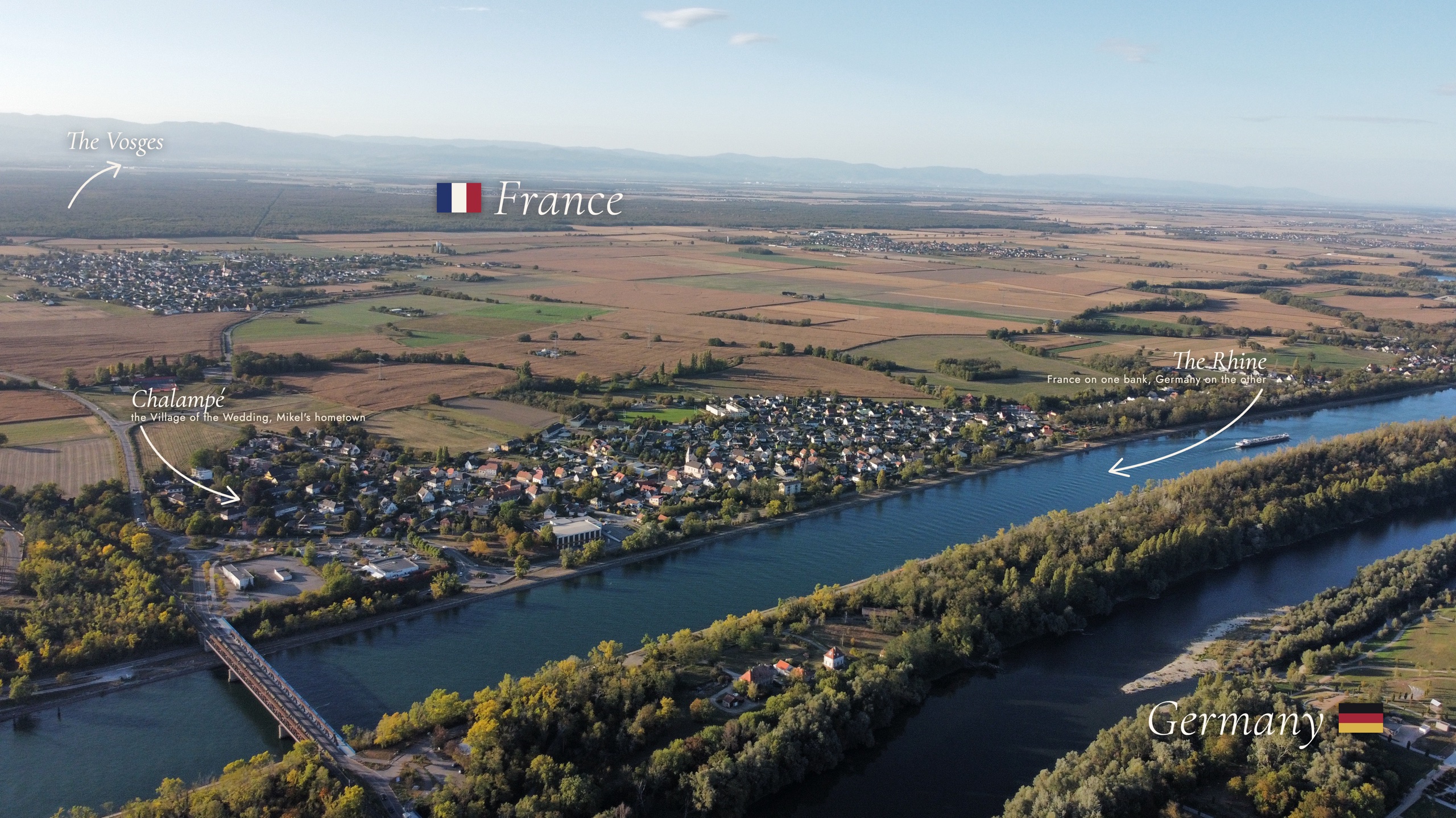 Aerial view of Chalampé on the banks of the Rhine, with France on one side and Germany on the other