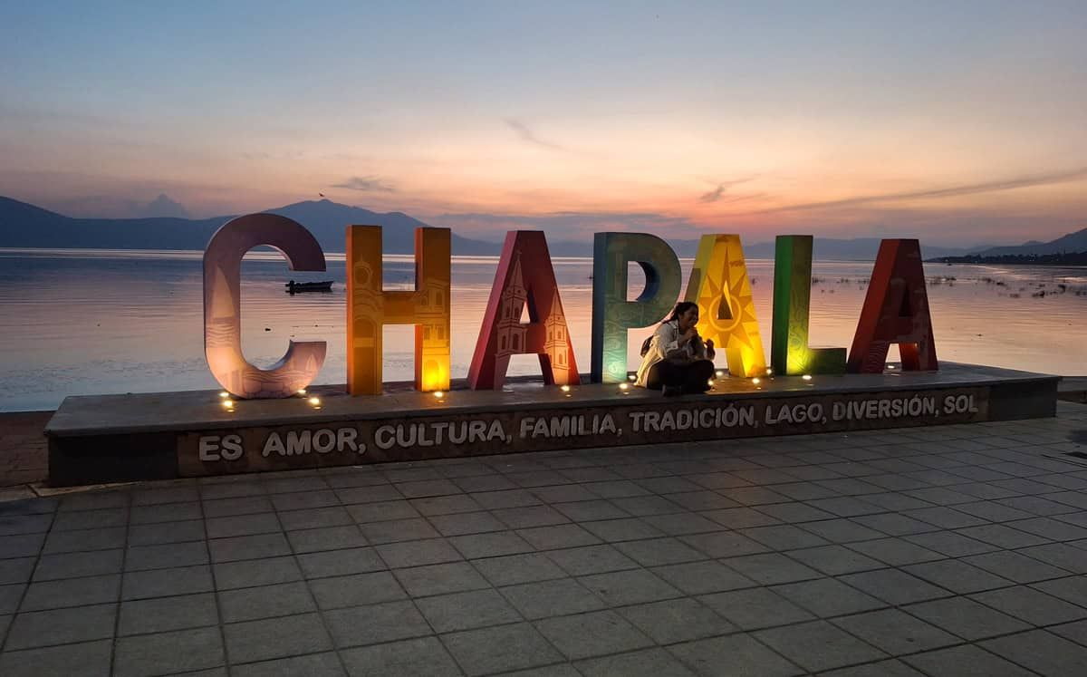 The colorful Chapala letters on the lakeside promenade at sunset